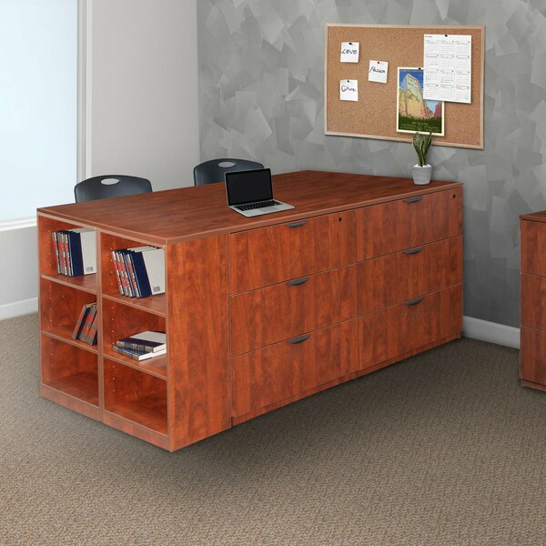 Legacy 2 Lateral File/ 2 Desk Quad with Bookcase End, 46" D, 85" W, 42" H, Cherry, Melamine Laminate LS2LF2SD8546CH